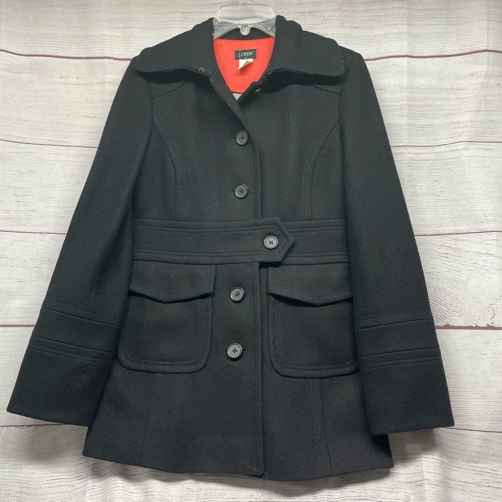 J Crew Factory Black Wool Blend Trench Peacoat size 6